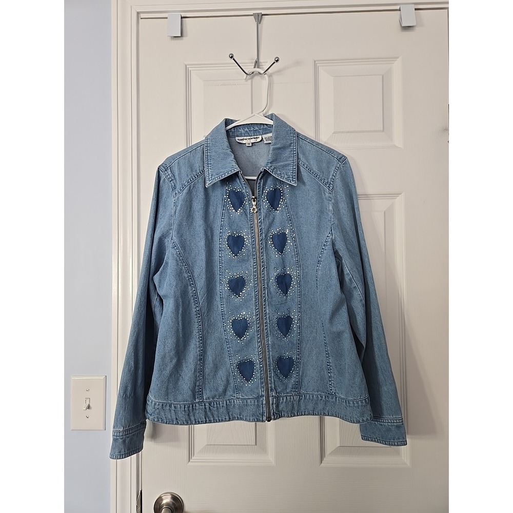 Cathy Daniels Denim Jacket Womens Medium Full Zip Hearts Rhinestones (420)
